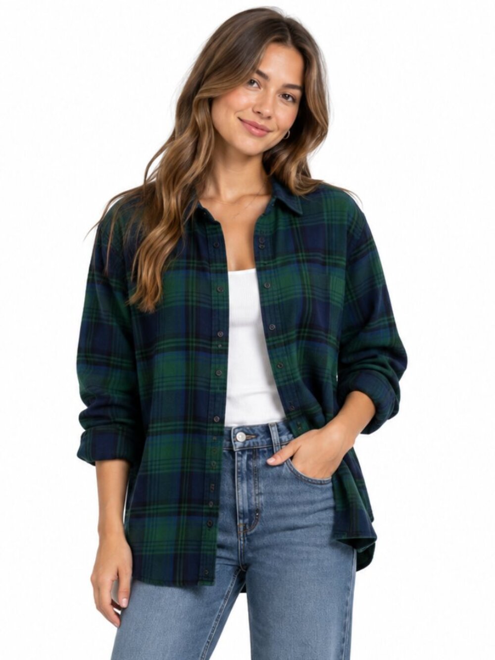 GAP The Big Shirt Oversized Green Navy Plaid Flannel Button Down Size XL
